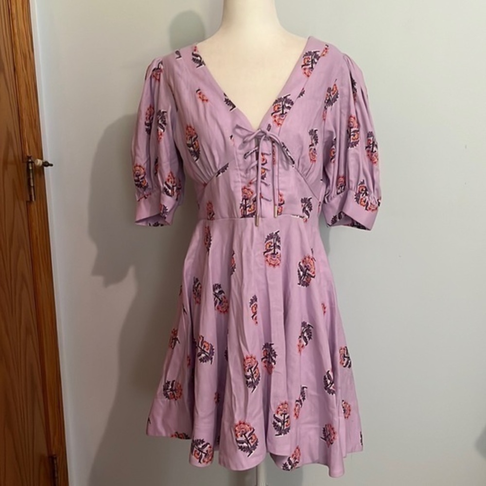 NWT House of Harlow 1960 purple corset floral dress size 10 linen puff sleeve